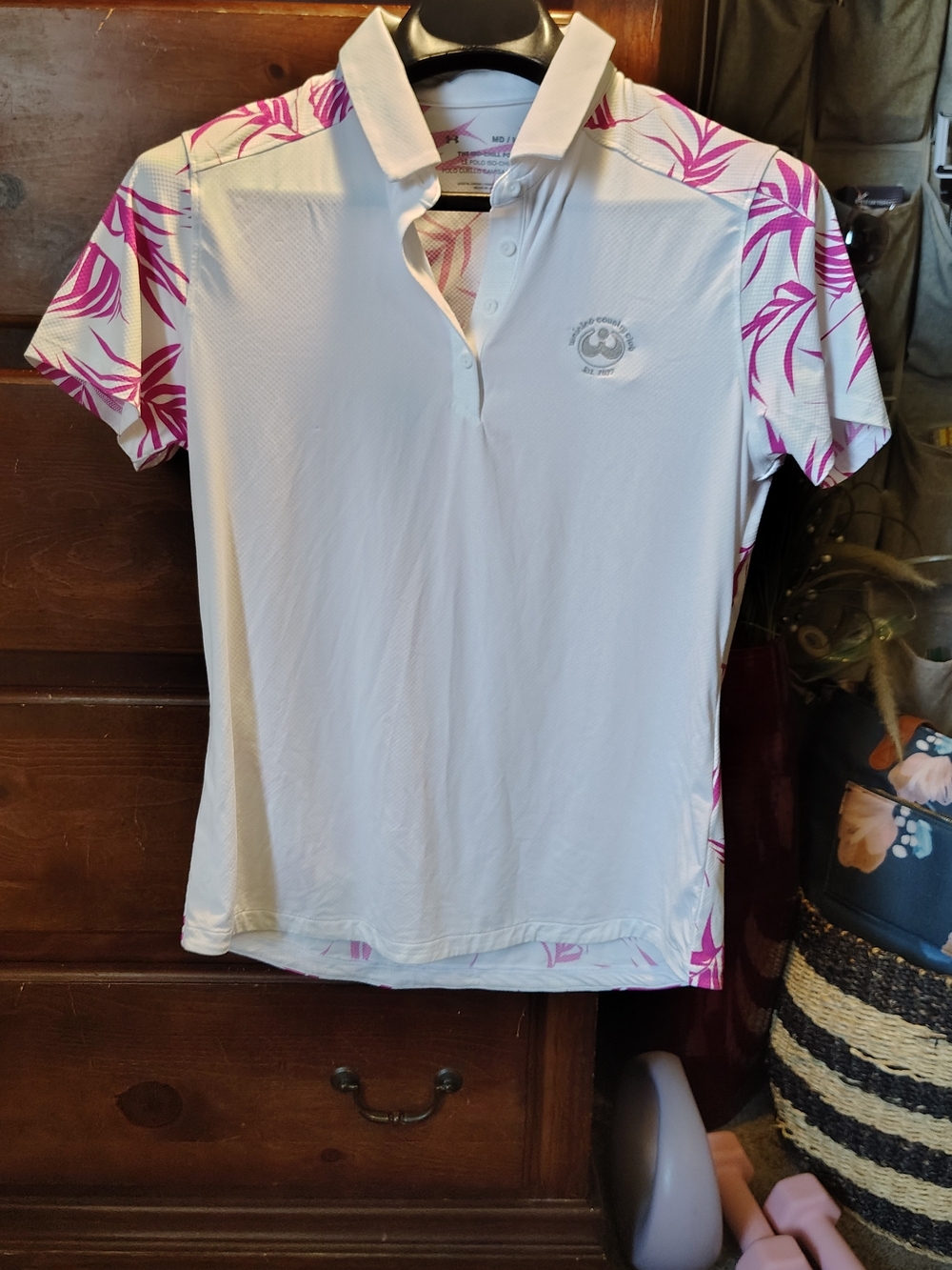 Under Armour White Polo Tee with Pink Leaf Print